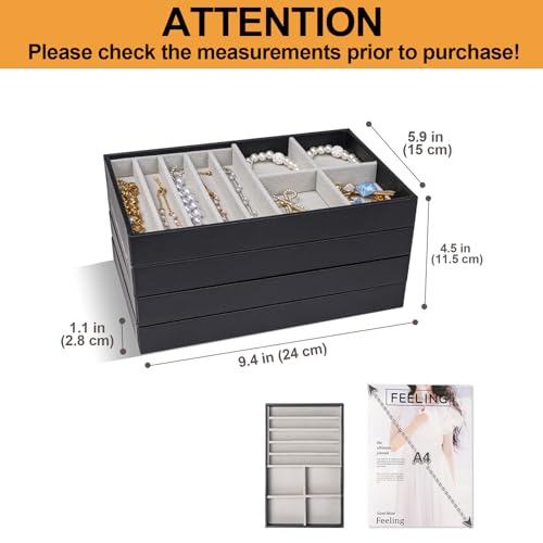 Image of ProCase Stackable Jewelry Organizer Trays for Drawers, Jewelry Drawer Inserts Container Display Case Storage for Earring Necklace Rings Bracelet with Removable Dividers -Black, 4 Layers