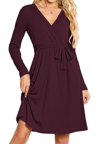 MOLERANI Strickkleid Damen Herbstkleid Langarm V-Ausschnitt Winterkleid Damen A-Linie Freizeitkleid mit Taschen Weinrot M