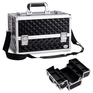 JTVGLW Kosmetikkoffer Aluminium mit Schloss - Klassischer Schwarzer Make-up Koffer Organizer mit 4 Herausnehmbaren Boxen & Großer Basisfach, Tragbarer Beauty Koffer für Damen JTVGLW Kosmetikkoffer Aluminium mit Schloss - Klassischer Schwarzer Make-up Koffer Organizer mit 4 Herausnehmbaren Boxen & Großer Basisfach, Tragbarer Beauty Koffer für Damen