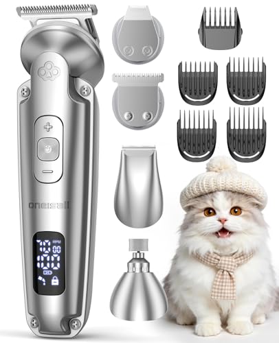 oneisall 4-en-1 Tondeuse pour Chien Chat Professionnelle Sans Fil pour Animaux, Tondeuse à Poil Long Epais avec Affichage, Toilettage Rechargeable 2000mAh, Rasoir pour Chien et Pattes (Argenté)
