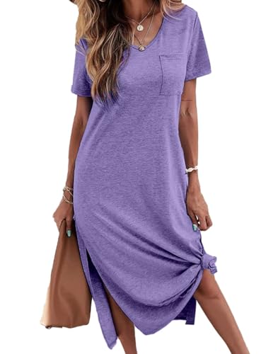 Image of Dyexces Women Summer T Shirt Dress Casual Short Sleeve V Neck Maxi Dresses Loose Side Slit Long Tshirt Dress with Pockets