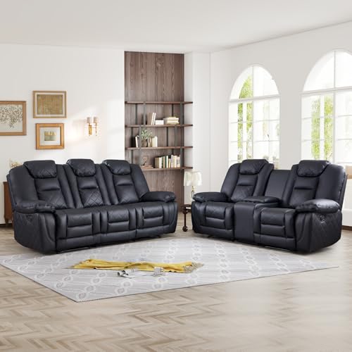 CANMOV Faux Leather Manual Recliner Sofa Chair Furniture Set, Overstuffed Reclining Loveseat and 3 Seat Recliner Sofa for Living Room, Bedroom Furniture, Meeting Room, Black