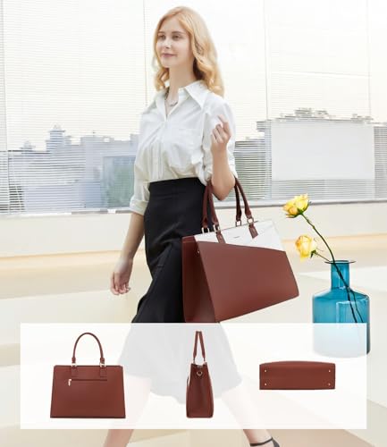 Image of LOVEVOOK Laptop Tote Bag for Women, Leather Business Office Work Bag Computer Briefcase with Small Clutch fit for 15.6 Inch Laptop,Brown-Beige