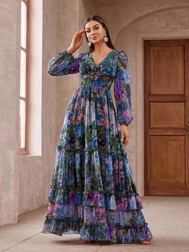 Image of TOLEEN Summer Casual Dresses for Women 2024 Spring Fashion Boho V Neck Long Sleeve Ruffle Floral Print Elegant Maxi Dress