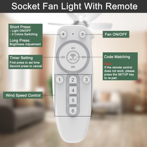 Image of 2-Pack Socket Fan Light with Remote, Ceiling Fan with Lights Dimmable, 3 Colors 3000K-6500K,Timer 2 /4 /6 /8H, 6 Speeds Quiet Screw in E26 /E27 LED Light Bulb for Bedroom Living Room Kitchen Garage Office