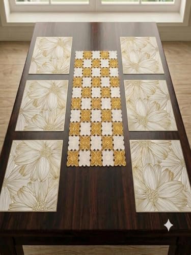 Image of Dakshya Industries PVC Waterproof Table Placemat & Table Runner Combo Set | 6 Dining Table Mats + 1 Runner | Heat Resistant, Washable, Non-Slip Table Mat Set (Kitchen Elite)
