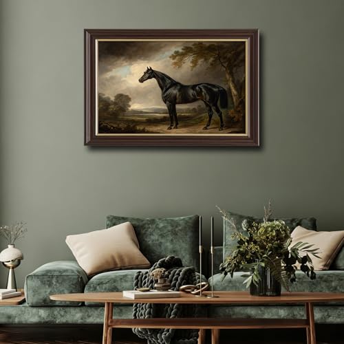 Image of Framed Vintage Black Horse Canvas Wall Art, Antique Equestrian Oil Painting Canvas Prints Pictures, Classic Farmhouse Wall Decor for Living Room Bedroom Office Man Cave