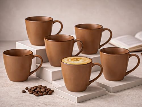 Image of Bodhi House Handcrafted Ceramic Coffee Mug Set of 6 Pieces (350 Ml), Stoneware Tea Cup Microwave Safe Large Milk Mug, Glossy Finish Ideal for Daily use, Casual Gatherings and Gifting, Terracotta Brown