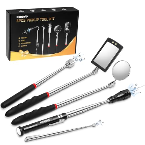 DODOWIN Extendable Magnet Pickup Tool Set 5PCS, Birthday Gifts for Valentine’s Day Him Men Husband Dad, with 1&8 lb Sticks, Round and Square 360° Adjustable Inspection Mirror