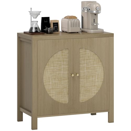 HOMCOM Aparador de Cocina con 2 Puertas de Ratán Sintético, Mueble Auxiliar de Cocina con Estante Ajustable y 2 Tiradores, Mueble de Buffet para Comedor, Salón, 75x38x77 cm, Madera Natural