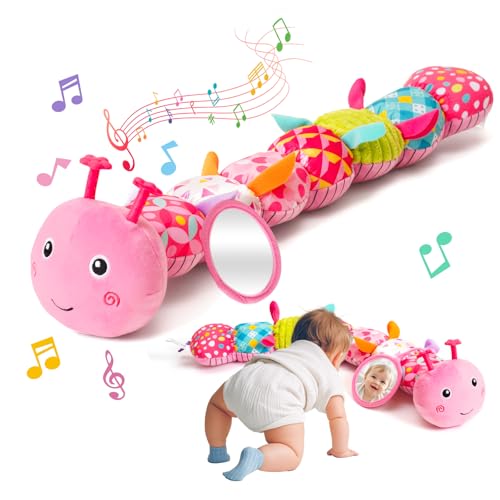 Baby Toys 0-6 Months Musical Caterpillar Plush Toy with Rattles Crinkle Sound Mirror Newborn Sensory Toys for Infants Developmental Stuffed Animal with Tummy Time for Boys Girls 6-12 Month (Pink)