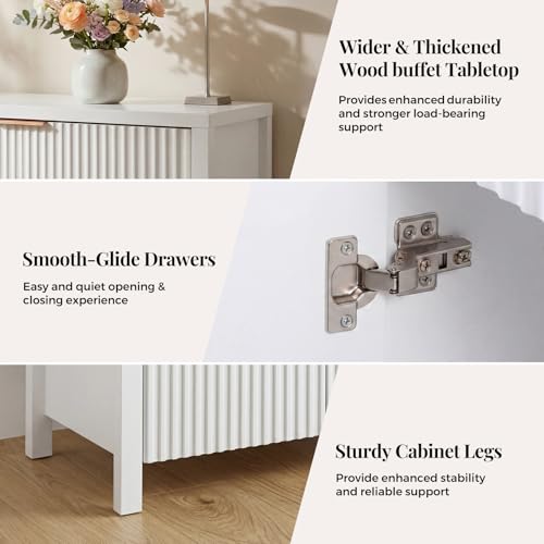 Image of Panana 2 Doors 1 Drawer Sideboard, Ribbed Style Storage Cabinet with Adjustable Shelves for Kitchen Living Room, Kitchen, Entryway (White)