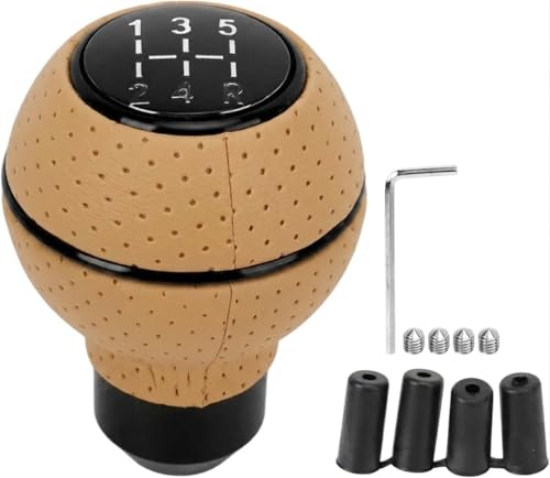 Image of AutoBizarre 5 Speed Aluminum Base Metal Ring Leather Covered Gear Knob Gear Shifter Handle Knob for All Manual Transmission Cars (Black Ring Beige Leather)