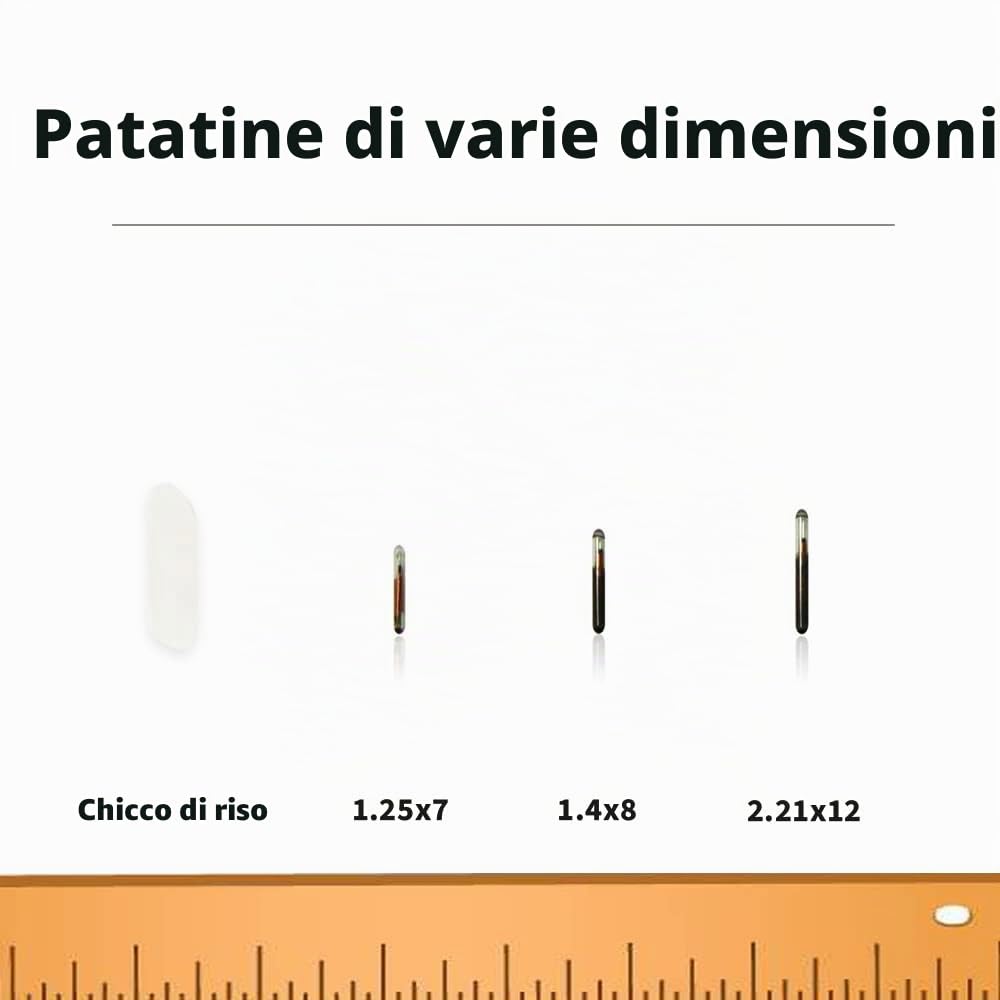Yanzeo 50 microchip ID per animali domestici, 1,25 x 7 mm, 134,2 kHz, ISO11784/ISO11784/FDX-B, tag RFID, microchip RFID a 15 bit per cani, gatti, maiali, animali da laboratorio, registrazione