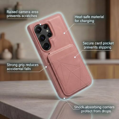 Image of amazon basics Premium Vegan Leather Back Cover with Card Holder and Integrated Mobile Stand for Samsung Galaxy S26 Ultra 5G - Slim Shockproof Wallet Case with Geometric Stitching [Pink]