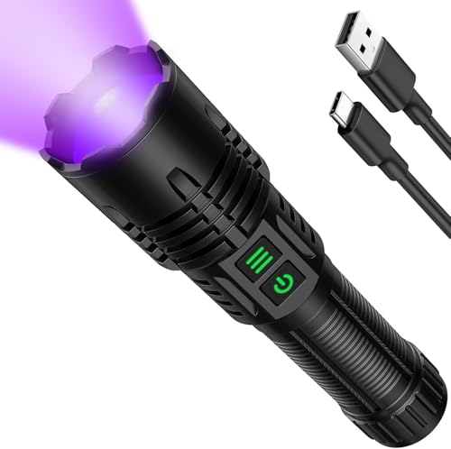 Banral UV High Lumens Torch Flashlight Rechargeable 2-in-1 Powerful Blacklight LED Torch Tactical 6 Modes Super Bright Waterproof Zoomable Detector Torch for Pet Urine Curing Resin Camping