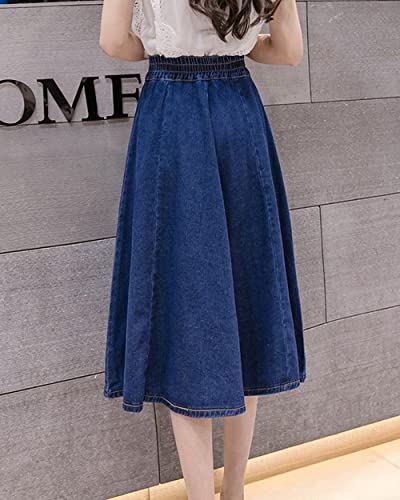 ebossy Women's Elegant High Waisted A-Line Flared Midi Long Denim Skirt with Pocket3
