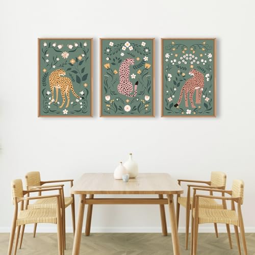 Image of KAIRNE Sage Green Cheetah Framed Canvas Wall Art Set,Boho Leopard Floral Wall Decor,Abstract Animal Wildflower Art Prints,Modern Botanical Artwork for Living Room,Bedroom,Farmhouse,Office-24 x36 x3