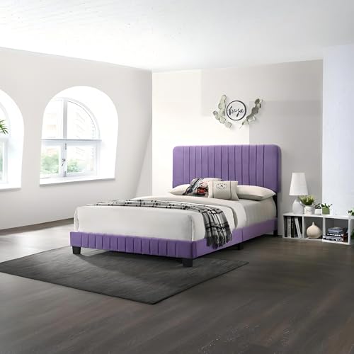 GDFStudio Contemporary Velvet Full Size Bed with Channel Tufted Headboard