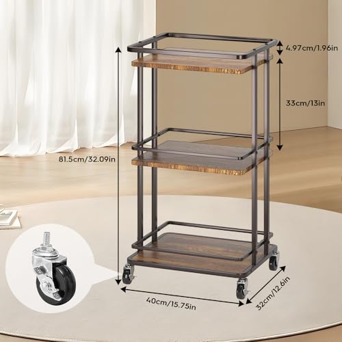 SPNOR 3 Tier Bar Cart for Home, Rolling Mini Liquor Bar for Wine Beverage Dinner Party, Utility Kitchen Storage Island Serving Cart on Wheels, Coffee Bar Cabinet for Kitchen Dining Living Room, Brown