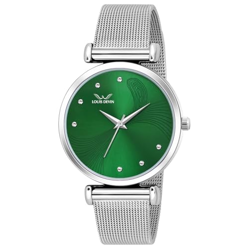 Image of LOUIS DEVIN Mesh-Type Stainless Steel Chain Analog Wrist Watch for Women (Black /Blue /Pink /Green Dial) | LD-L504-CH
