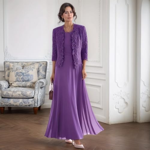 2 Piece Mother of The Bride Dresses for Women Chiffon Lace 3/4 Sleeves Mother of The Groom Dresses with Jacket4