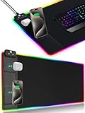 XXL Mouse Pad with Phone Holder - Black, RGB Desk Mat with 15W Fast Charging, LED Gaming Mousepad with 11 Light Colors, Waterproof Non-Slip Pad for Office & Home