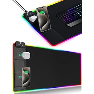 RGB Mouse Pad for Gamer Esports Pros, Extended Desk Mat, Long Gaming Mouse Pad with Fast Charging 15W, LED Mouse Mat, Extra Large Mousepad Waterproof & Non-Slip Computer Keyboard Mat (11 Light Modes)