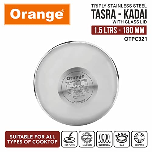 Image of Orange Triply Stainless Steel Tasra /Tasla Kadai with Glass Lid 1.5 litres Capacity (18 cm Diameter) | Heavy Bottom | 2.5mm Thickness | Silver (Induction and Gas Stove Friendly) | 5 Year Warranty
