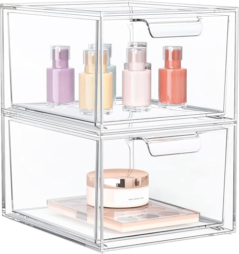 SpaceHacks 2 Pack Stackable Makeup Organizer and Storage, Acrylic Organizers?Clear Plastic Storage Drawer with Handles for Vanity, Undersink, Kitchen Cabinets, Pantry