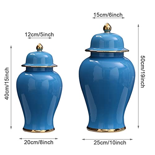 Robmet Decorative Ginger Jar For Home Decor, Modern Ceramic Temple Jar With Lid, Chinoiserie Glossy Glazed Flower Vase For Dining Table Centerpiece, Gold & Blue (Size : Large) #TOP5