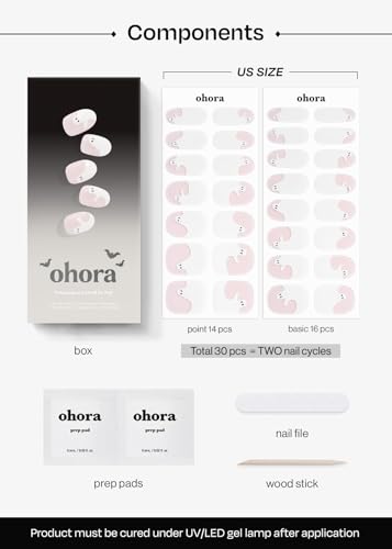 Image of ohora Semi Cured Gel Nail Strips (N Peek a Boo) - Works with Any Lamps, Salon-Quality, Long Lasting, Easy to Apply & Remove - Includes 2 Prep Pads, Nail File & Wooden Stick