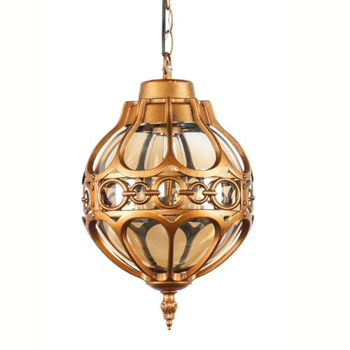 Gold Globe Outdoor Pendant Lights for Porch Entryway Hallway, Vintage Exterior Aluminum Waterproof Hanging Light Fixtures, Outside Ceiling Hanging Lamp with Round Amber Glass