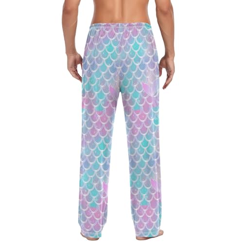 Men’s Colorful Mermaid Scales Pajama Pants with Pockets, Comfortable Lounge Sleep Bottoms#1512