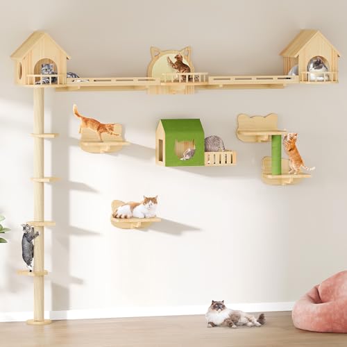 Image of DWVO Solid Wood Cat Wall Shelves and Perches, Tall Floor to Ceiling Cat Tower w Scratching Posts, Wall Mounted Cats Furniture Climbing Shelves for Large Cats w Houses, Steps, Runway, Scratching Board