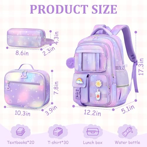 School Backpack for Girls - 5pcs Cute Girls Backpack with Lunch Box for Teens Kids Elementary Middle School - 17″ Students Bookbag Travel Back Pack for Age 6-182