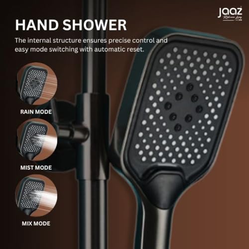 Image of Jaaz Thermostatic Piano Shower Set for Bathroom with Rainfall Showerhead, Waterfall Outlet, Hand Shower & Temperature Display - Matte Black (Astra)