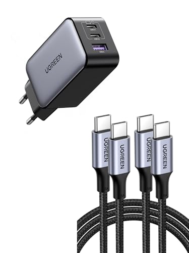 UGREEN Nexode 65W Caricatore USB C Ricarica Rapida Alimentatore (Nero) con UGREEN 2Pack Cavo USB C 100W 20V 5A Ricarica Rapida in Nylon (2M)