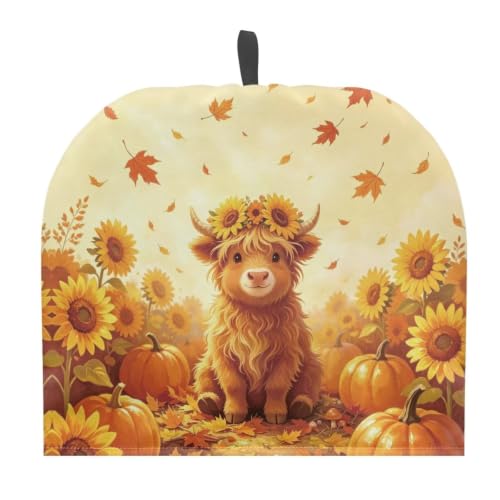 Image of Highland Cow Sunflower Tea Cosy Fall Home Kitchen Accessory Tea Pot Dust Cover Breakfast Warmer Insulated Kettle Cover Thanksgiving Decor
