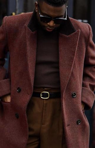 Image of Man's Double Breasted Full Length Trench Coat Casual Corduroy Collar Long Jacket Peacoat Wool Blend Winter