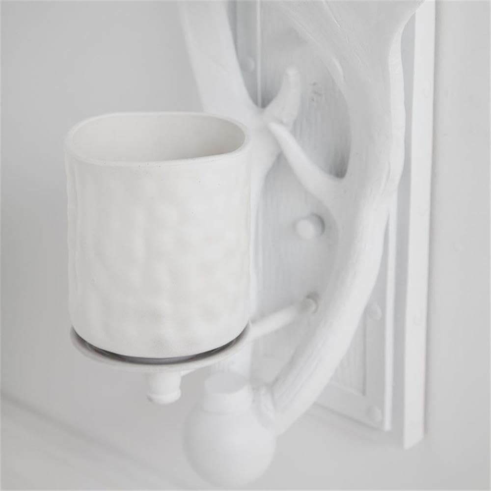 Pemberly Row Farmhouse Wall Sconce, 8x8x19.5 in, White Resin Antlers, Cylindrical Lamp Shade, E12 Bulb Compatible, Elegant Woodlands Style Lighting for Home Decor