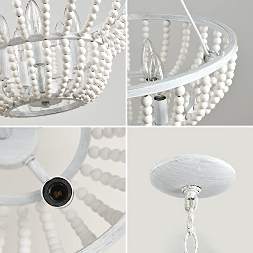 Haopent 5-Light Beaded Chandelier, 16" Farmhouse Wood Bead Chandelier Lighting With Rustic White Wood Beads For Foyer Boho Pendant Ceiling Light Fixture For Living Dining Room Kitchen Island Bedroom #TOP2