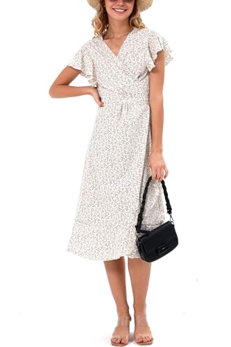 Image of Women's Summer Wrap Maxi Dress Casual Boho Floral V Neck Short Sleeve Ruffle Hem Split Beach Long Dresses