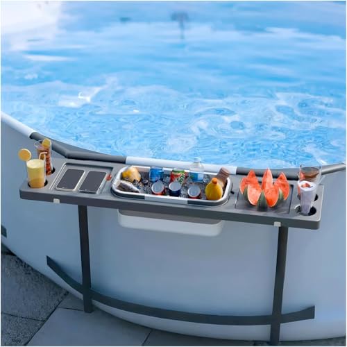 ECOPOOLTECH 3 in 1 Poolbar Pooltisch mit Eiskübel Getränkehalter Ablagetablett für Oberirdische Pools Wetterbeständig Swim-Up-Bar Stabile Tischplatte Pool Zubehör Grau