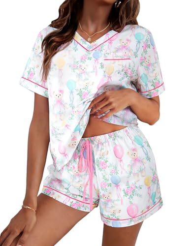 Image of ASTANFY Valentines Day Pajamas Women 2 Piece Silk Valentine Pjs Cute Heart Pajamas V Neck Satin Sleepwear Loungewear Set