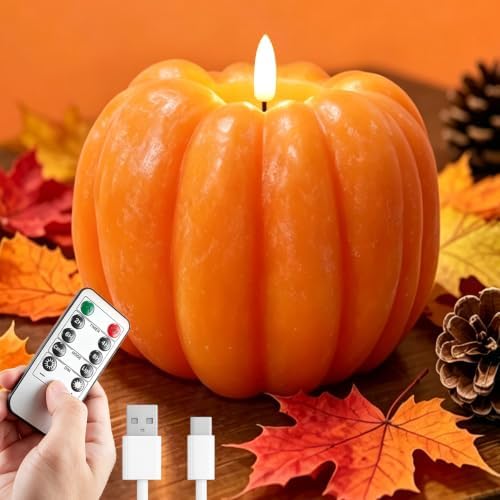 Fall Decor- 300 Hours Rechargeable Flickering Flameless Wax Pumpk...