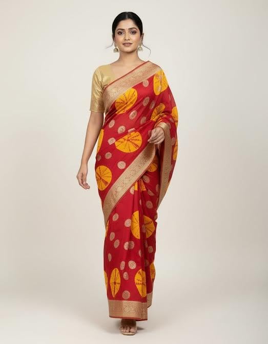 Image of Women's Georgette Batik Print Saree with Woven Zari Border Traditional Saree for Wedding Festival Use