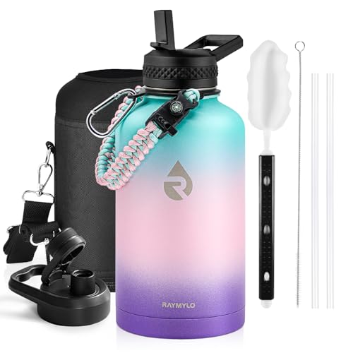 Image of RAYMYLO Insulated Water Bottle 64 oz, Triple Wall Vacuum Stainless Steel (Cold for 48 Hrs), Leak Proof & Non-BPA, Half Gallon Water Flask Jug with Paracord Handle & Straw Spout Lids, Hydrangea