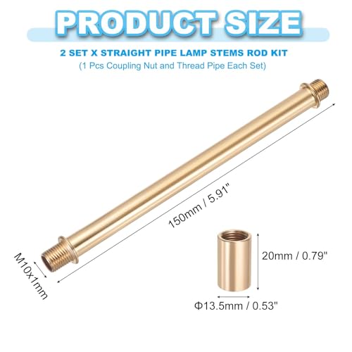 Image of PATIKIL Straight Pipe Lamp Stems Rod Kit, 2 Set M10 Carbon Steel 150mm(5.91 inch) Long Double End Thread Rod with Coupling Nuts Sleeve Connector for Table Lamps Chandeliers,Gold