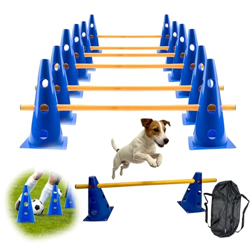KZARYVEXIS Agility Set für Kinder und Hunde 12 Kegel + 12 Stangen mit Tragetasche Koordinations- und Sinneswahrnehmungstraining Höhe 24cm (3-Fach verstellbar) Länge 80cm